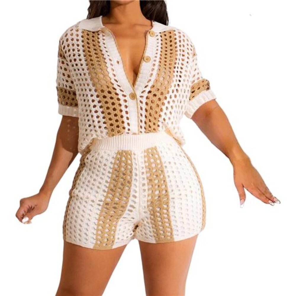 Women's 2-Piece Knitted Shorts Set -Beach Vacation Outfit, Short Sleeve Summer‎